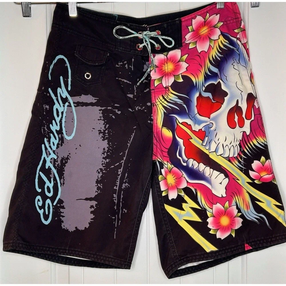 ED HARDY Pink Skull BOARD SHORTS RARE MENS SIZE 33